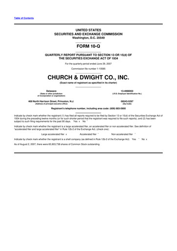Thumbnail Church & Dwight
 10-Q Quarterly Report FY 