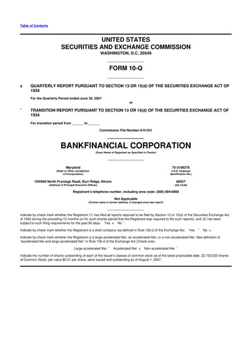 Thumbnail BankFinancial 10-Q Quarterly Report FY 