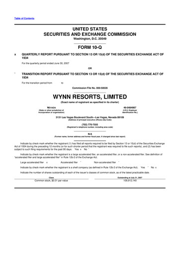Thumbnail Wynn Resorts
 10-Q Quarterly Report FY 