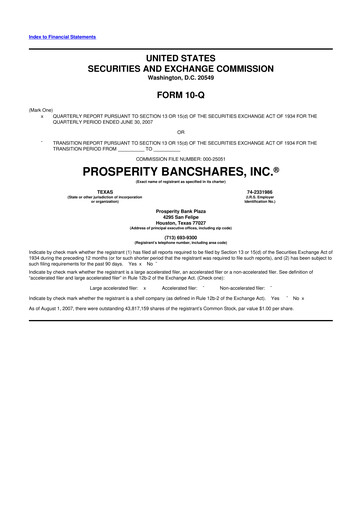 Thumbnail Prosperity Bancshares
 10-Q Quarterly Report FY 