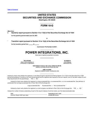 Miniature Power Integrations
 10-Q Rapport trimestriel  