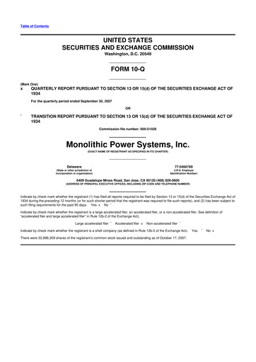 Miniature Monolithic Power Systems 10-Q Rapport trimestriel  