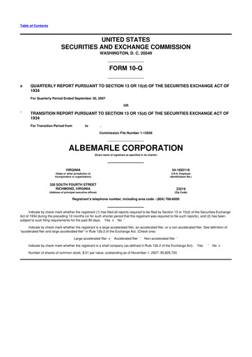 Miniature Albemarle 10-Q Rapport trimestriel  