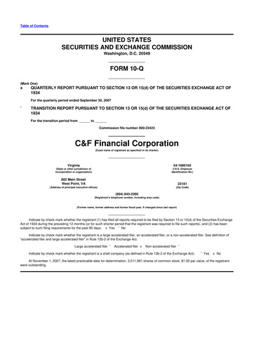 Thumbnail C&F Financial Corporation

 10-Q Quarterly Report FY 