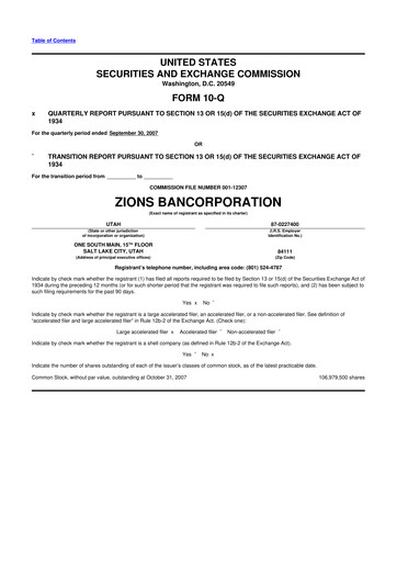 Miniature Zions Bancorporation
 10-Q Rapport trimestriel  