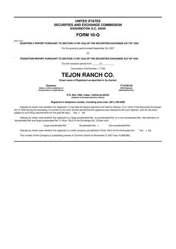 Thumbnail Tejon Ranch
 10-Q Quarterly Report FY 