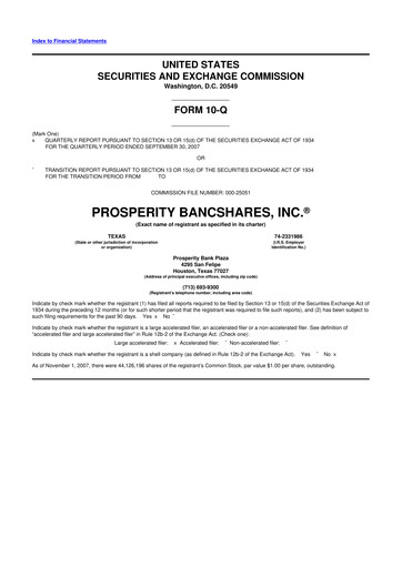 Thumbnail Prosperity Bancshares
 10-Q Quarterly Report FY 
