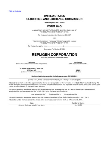 Miniature Repligen
 10-Q Rapport trimestriel  