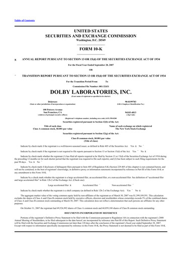 Miniature Dolby 10-K Rapport annuel 