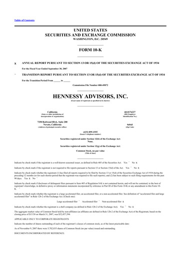 Miniature Hennessy Advisors 10-K Rapport annuel 