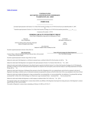 Miniature Federal Realty Investment Trust
 10-K Rapport annuel 