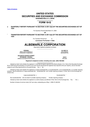 Miniature Albemarle 10-Q Rapport trimestriel  