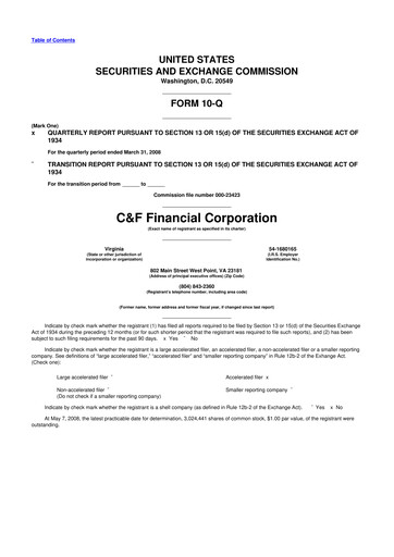 Thumbnail C&F Financial Corporation

 10-Q Quarterly Report FY 
