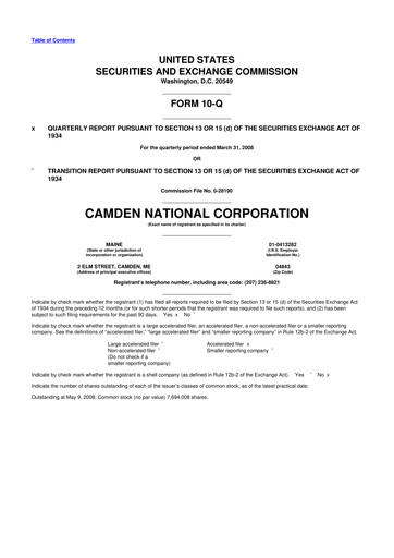Thumbnail Camden National Corporation
 10-Q Quarterly Report FY 