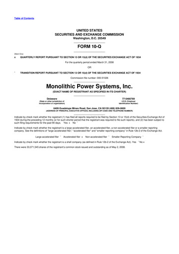 Miniature Monolithic Power Systems 10-Q Rapport trimestriel  