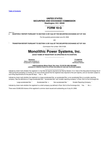 Miniature Monolithic Power Systems 10-Q Rapport trimestriel  