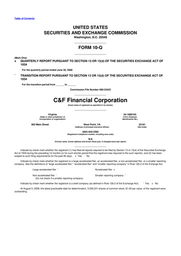 Thumbnail C&F Financial Corporation

 10-Q Quarterly Report FY 