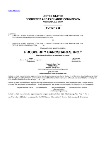 Thumbnail Prosperity Bancshares
 10-Q Quarterly Report FY 