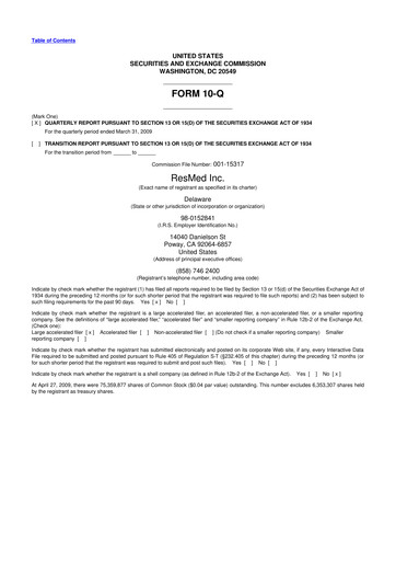 Miniature ResMed 10-Q Rapport trimestriel  