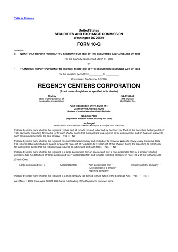 Thumbnail Regency Centers
 10-Q Quarterly Report FY 