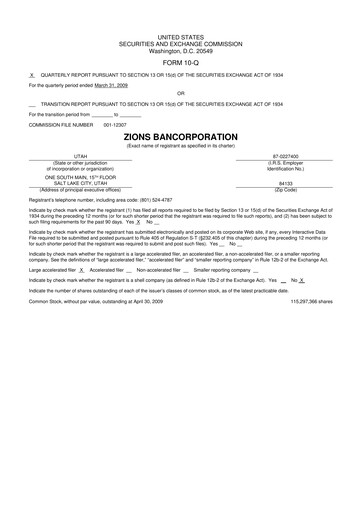 Miniature Zions Bancorporation
 10-Q Rapport trimestriel  