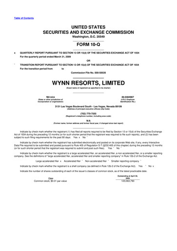 Thumbnail Wynn Resorts
 10-Q Quarterly Report FY 
