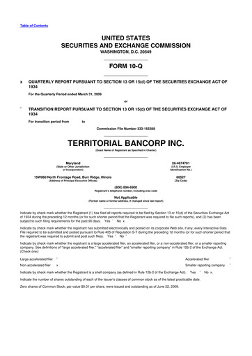 Miniature Territorial Bancorp
 10-Q Rapport trimestriel  