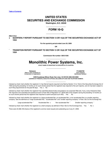 Miniature Monolithic Power Systems 10-Q Rapport trimestriel  