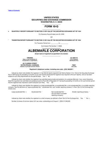 Miniature Albemarle 10-Q Rapport trimestriel  
