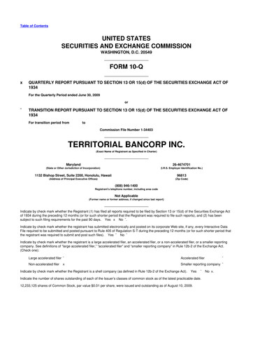 Miniature Territorial Bancorp
 10-Q Rapport trimestriel  