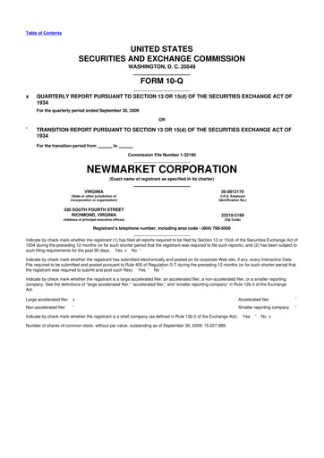 Miniature NewMarket Corp 10-Q Rapport trimestriel  