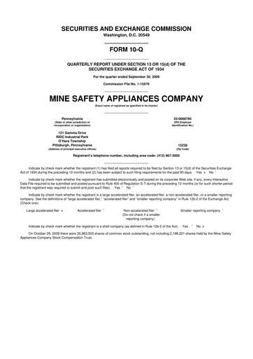 Miniature MSA Safety 10-Q Rapport trimestriel  