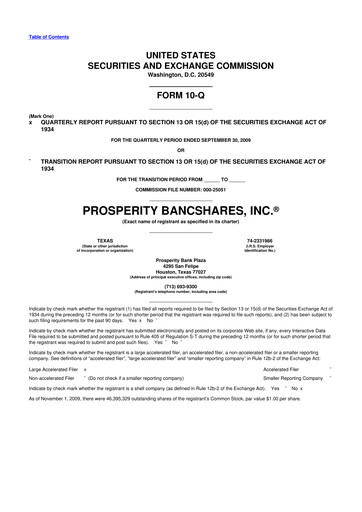 Thumbnail Prosperity Bancshares
 10-Q Quarterly Report FY 