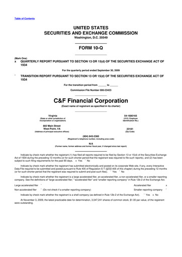 Thumbnail C&F Financial Corporation

 10-Q Quarterly Report FY 
