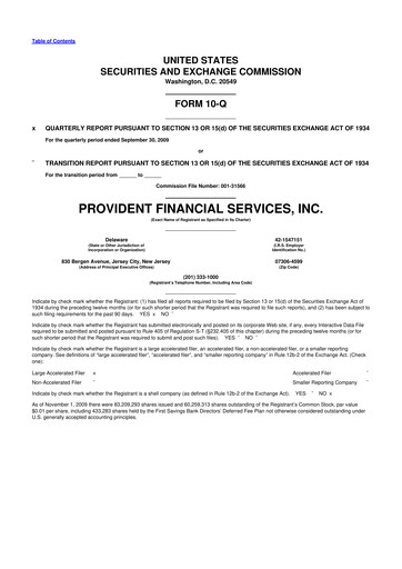 Thumbnail Provident Financial Services 10-Q Quarterly Report FY 