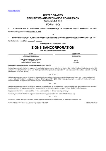 Miniature Zions Bancorporation
 10-Q Rapport trimestriel  