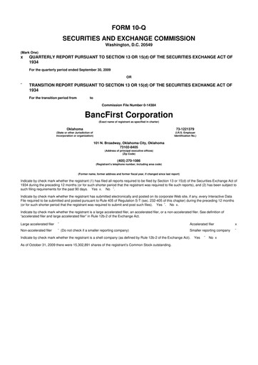 Thumbnail BancFirst 10-Q Quarterly Report FY 