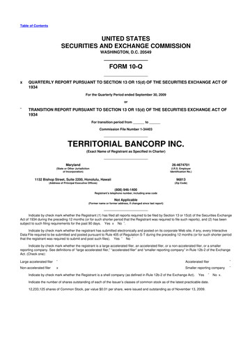 Miniature Territorial Bancorp
 10-Q Rapport trimestriel  
