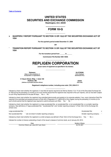 Miniature Repligen
 10-Q Rapport trimestriel  