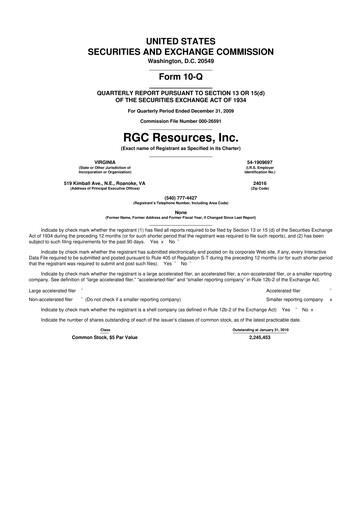 Miniature RGC Resources 10-Q Rapport trimestriel  