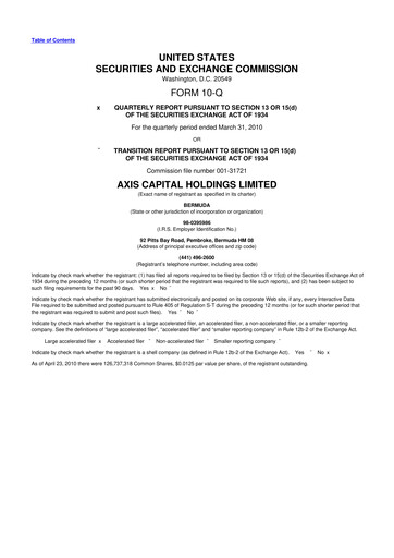Miniature AXIS Capital
 10-Q Rapport trimestriel  