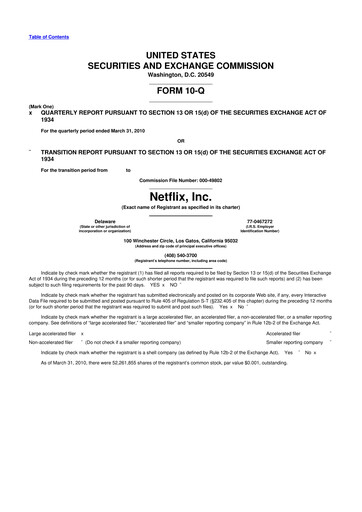 Miniature Netflix 10-Q Rapport trimestriel 2010 