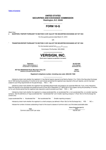 Thumbnail VeriSign 10-Q Quarterly Report FY2010 