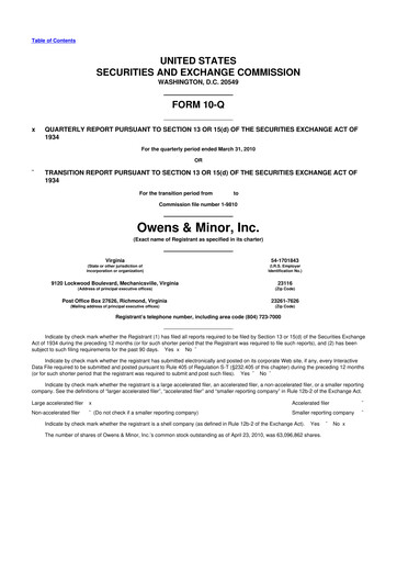 Thumbnail Owens & Minor

 10-Q Quarterly Report FY 