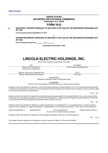 Thumbnail Lincoln Electric
 10-Q Quarterly Report FY 