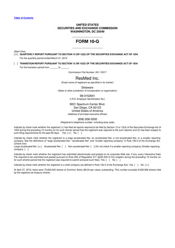 Miniature ResMed 10-Q Rapport trimestriel  