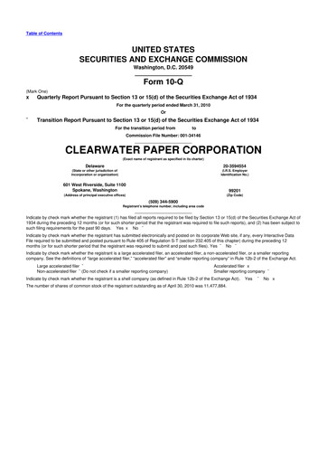 Thumbnail Clearwater Paper 10-Q Quarterly Report FY 