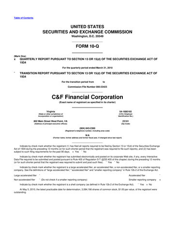 Thumbnail C&F Financial Corporation

 10-Q Quarterly Report FY 