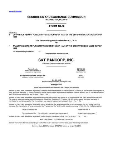 Thumbnail S&T Bancorp 10-Q Quarterly Report FY 