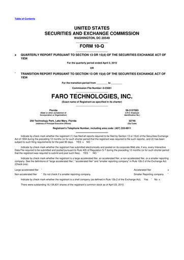 Miniature Faro Technologies
 10-Q Rapport trimestriel  